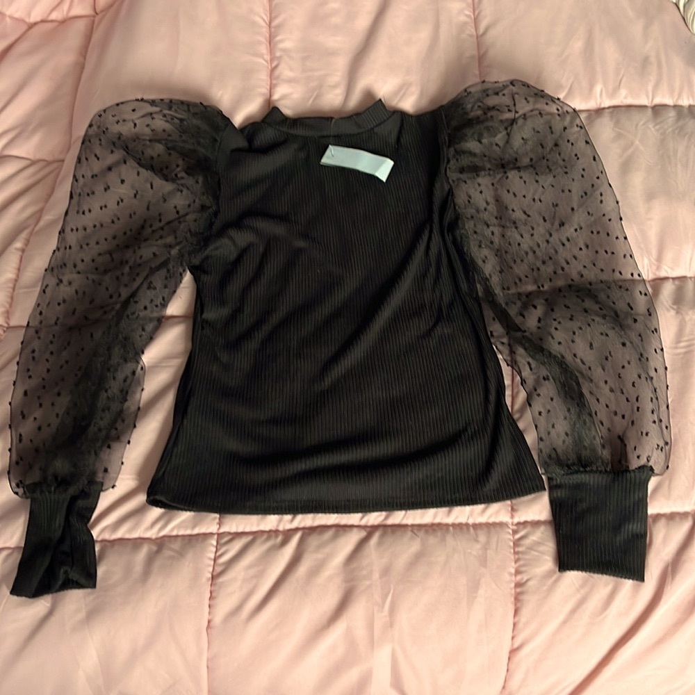 NWT Papaya organza sleeve small black top mock neck ribbed  halloween outfit